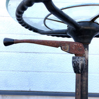 品番1858　創作 タイヤ付 ステアリングテーブル　バーテーブル　丸テブール　スチール製　ガラス天板　ヴィンテージ