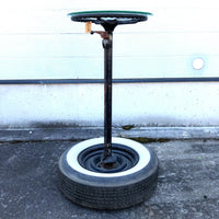 品番1858　創作 タイヤ付 ステアリングテーブル　バーテーブル　丸テブール　スチール製　ガラス天板　ヴィンテージ