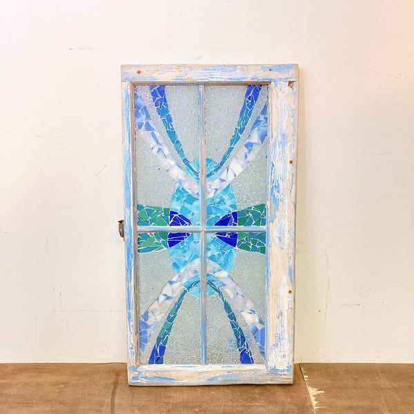 品番3187　ステンドグラス　窓　ウッドフレーム　デコール　インテリア　ブルー　アンティーク